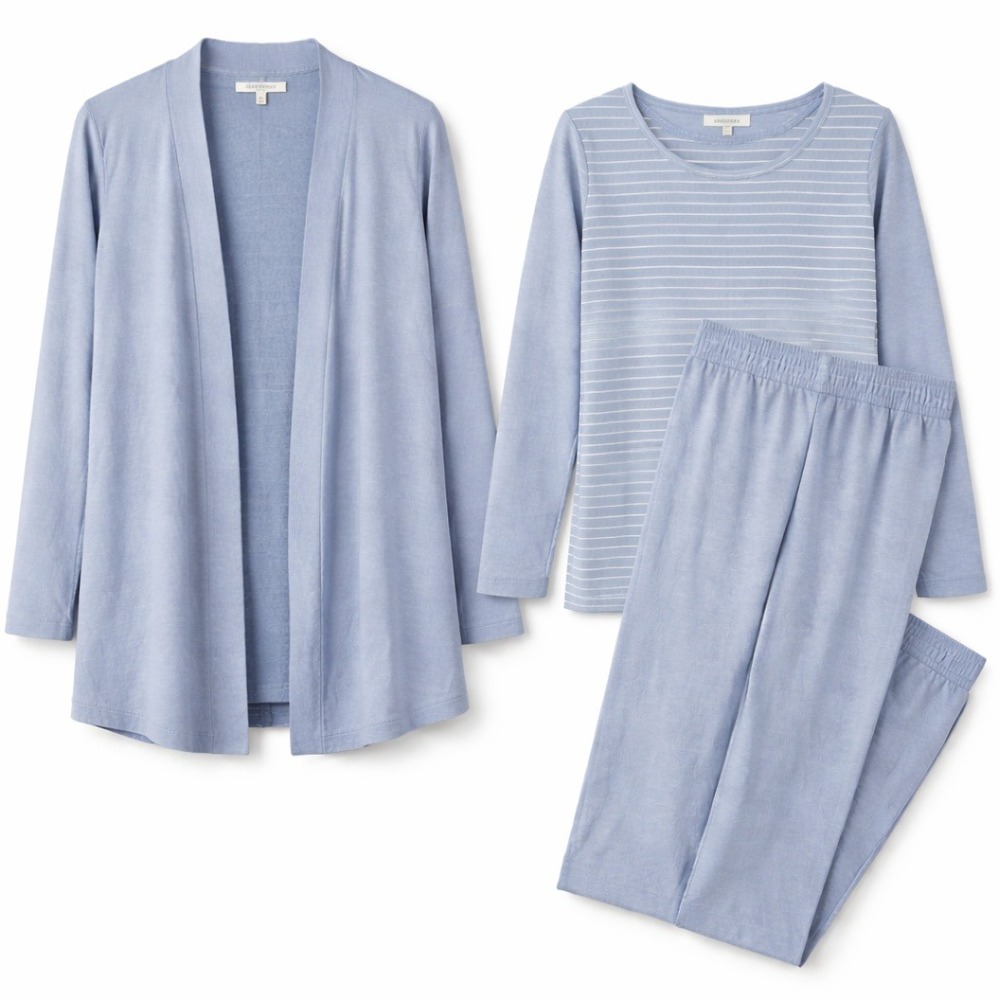 Talbots Petite Lounge Set Womens Size MP Blue Striped 3 Piece Cardigan Pant